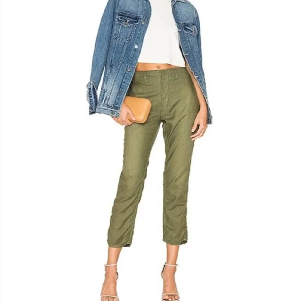 THE GREAT. Army green slim linen blend Carpenter pants
